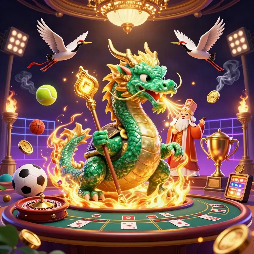 Emerald dragon, turtle sage, and cranes amid neon casino lights, gold fire, and flying sports balls
