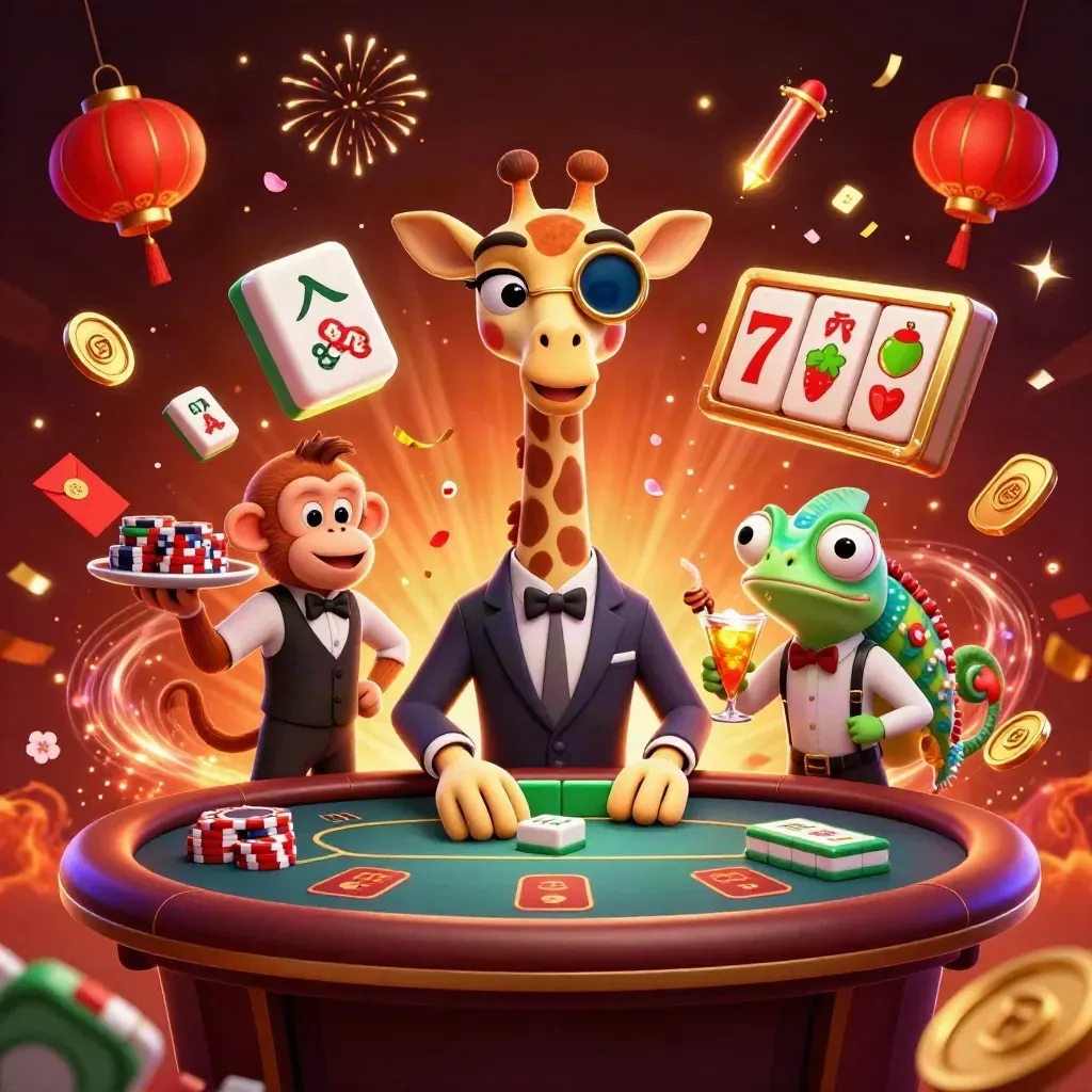 Giraffe, monkey, and chameleon in a neon casino burst with lanterns, coins, and fireworks.