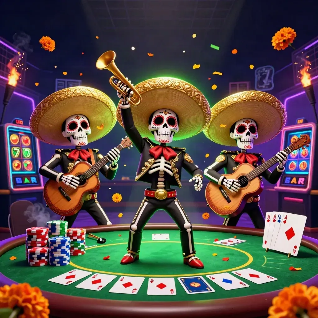 Skeleton mariachi trio amid neon casino props, chips, aces, and glowing slot symbols.