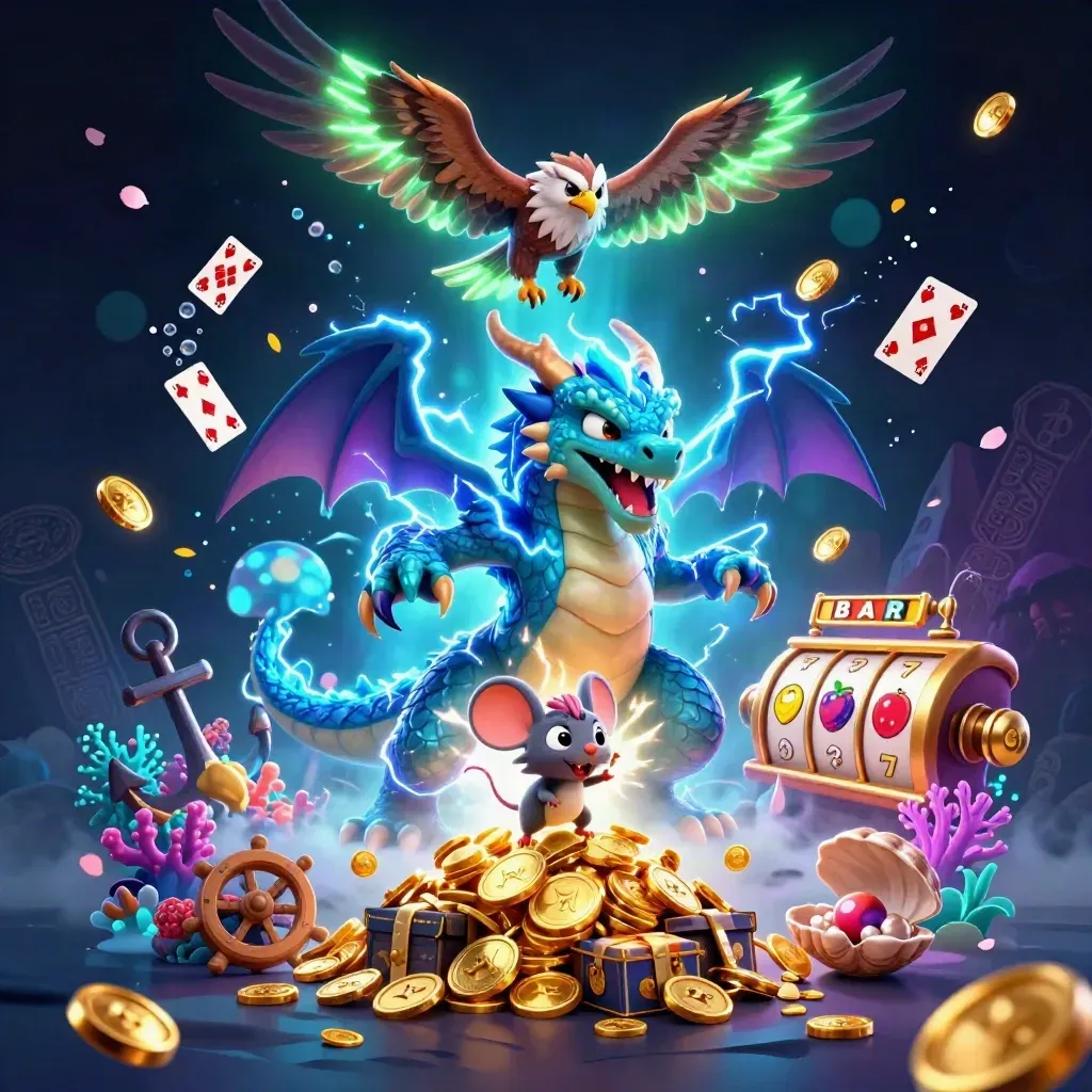 Thunder dragon, wind hawk, and static mouse amid treasure, coral, and neon casino effects