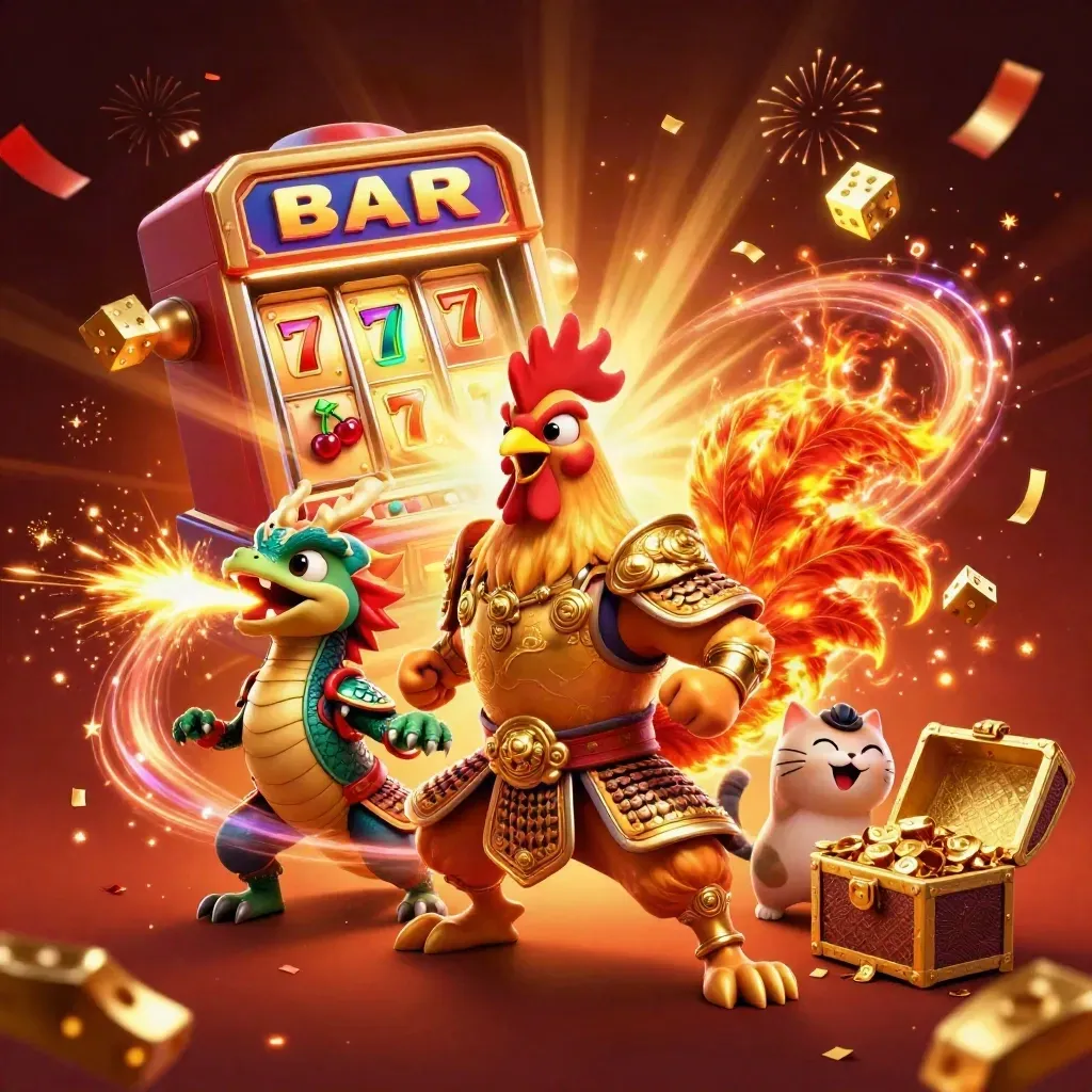 Rooster warrior, dragon hatchling and fortune cat burst from a jackpot slot machine with gold and sparks.