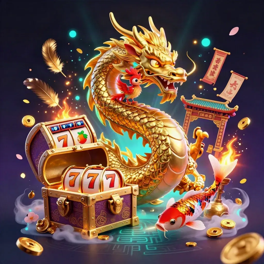 Golden dragon, phoenix and koi bursting from treasure in a neon casino fantasy scene.