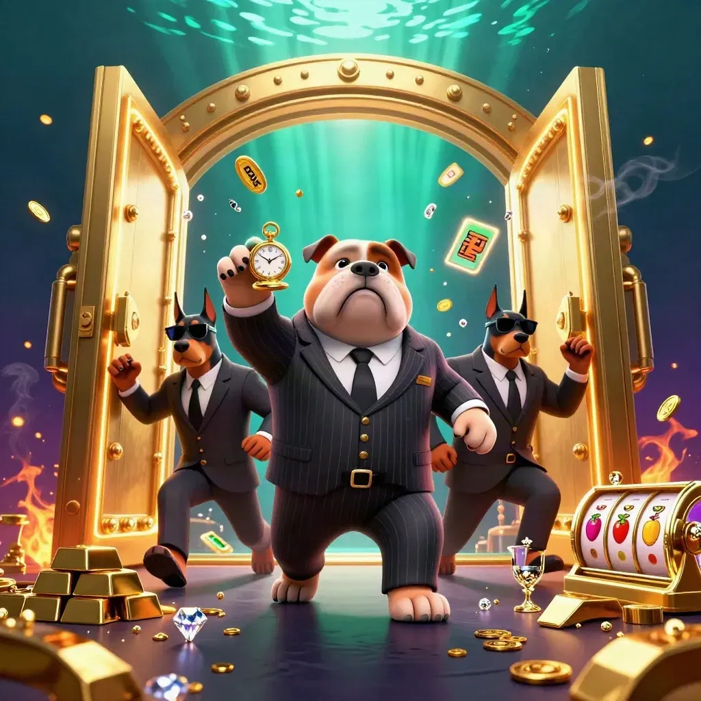 Bulldog boss and Doberman bodyguards burst from a glowing treasure vault with gold and gems.