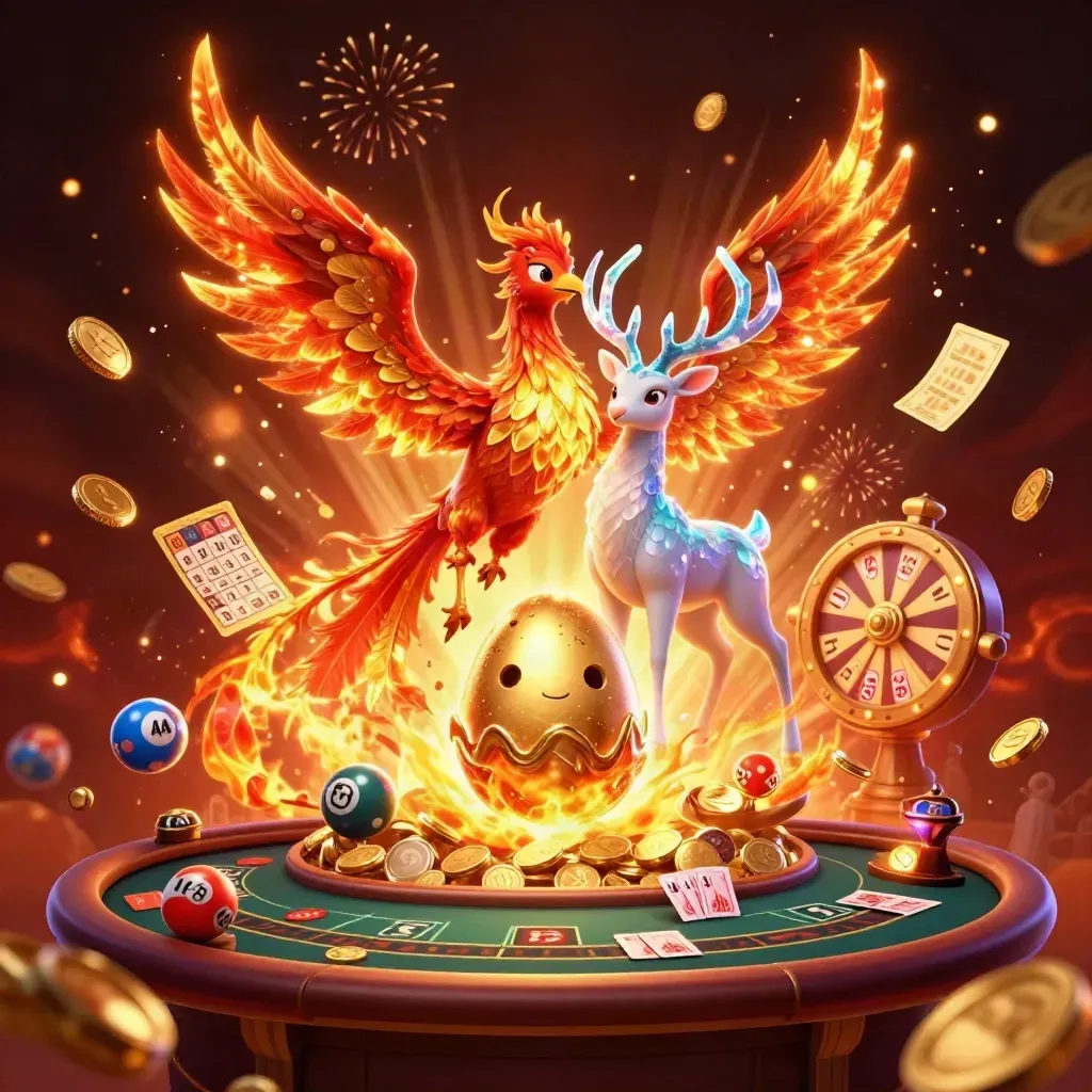 Phoenix, baby phoenix, and crystal stag amid treasure blasts, casino tokens, and glowing fire.