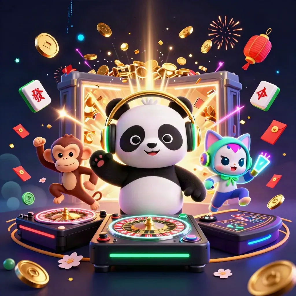 Panda DJ, monkey, and kitten in a neon casino burst with coins, fireworks, and glowing tiles.