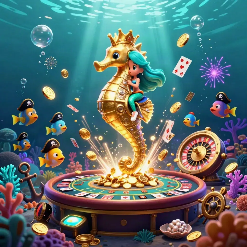 Mermaid princess on a golden seahorse amid coins, cards, fish, and glowing casino treasures underwater.