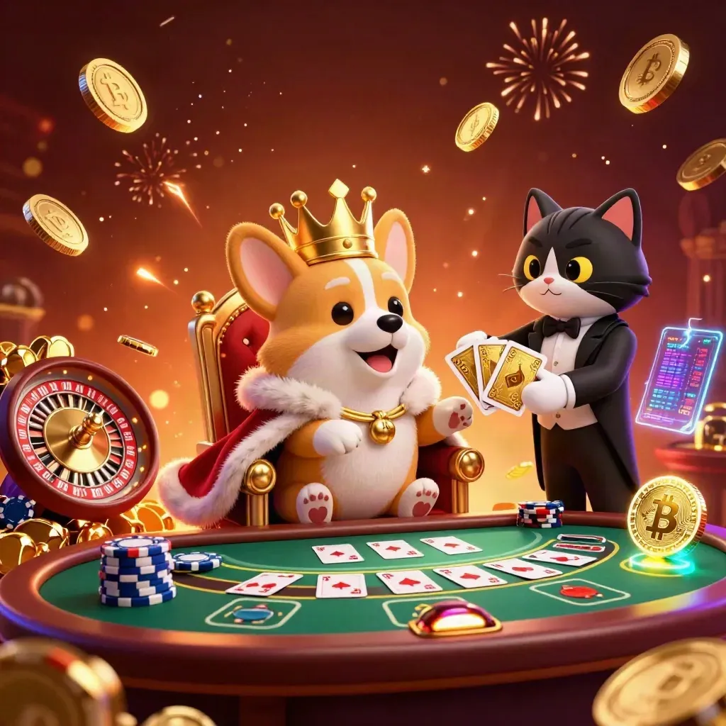 Royal corgi and cat butler amid exploding gold coins, casino relics, and neon treasure in a fiery glow.