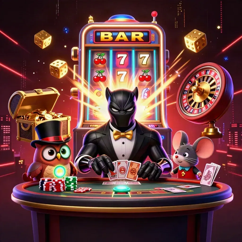 Black panther, owl, and mouse amid a jackpot burst, gold coins, cards, and neon casino effects