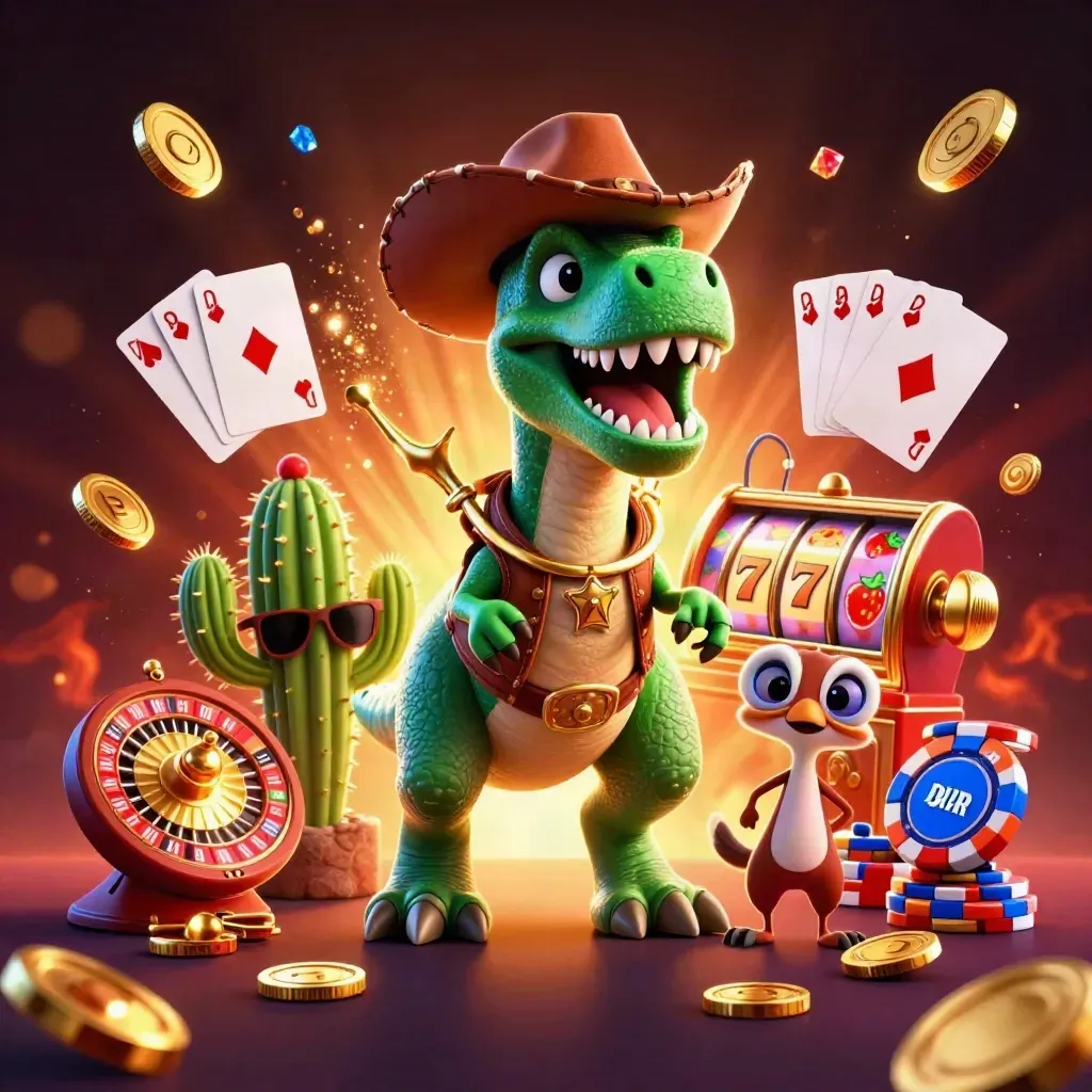 Cowboy T-Rex, cactus sidekick and roadrunner amid casino coins, chips and glowing reels.