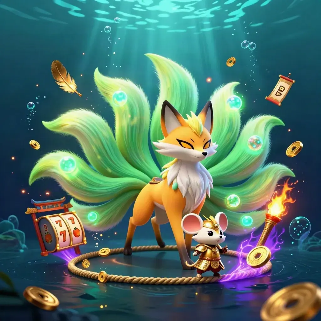 Neon fox spirit and golden samurai mouse amid casino reels underwater glow