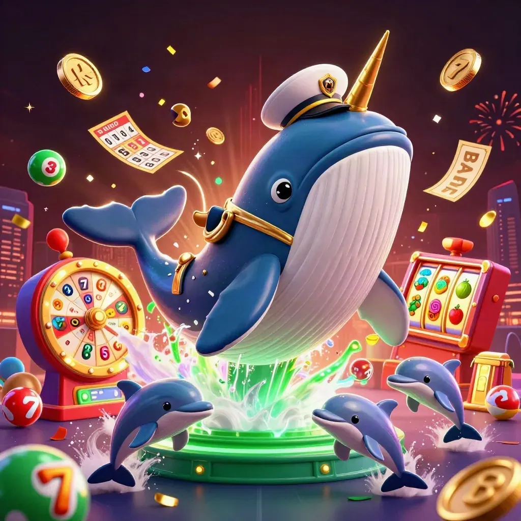 Whale captain, narwhal, and dolphins burst through coins, reels, balls, fireworks, and neon casino glow.