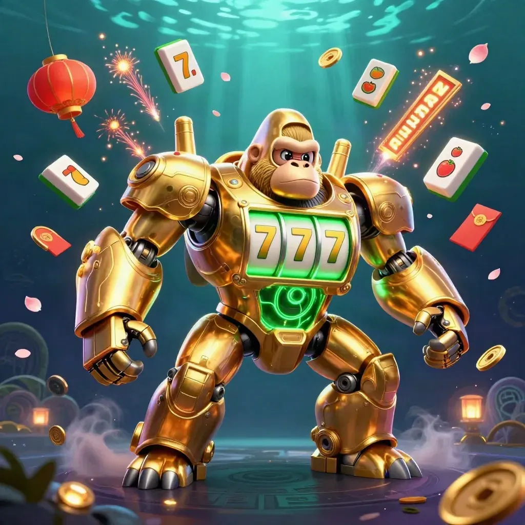 Golden gorilla mech with tiny pilot, surrounded by casino talismans in neon underwater glow