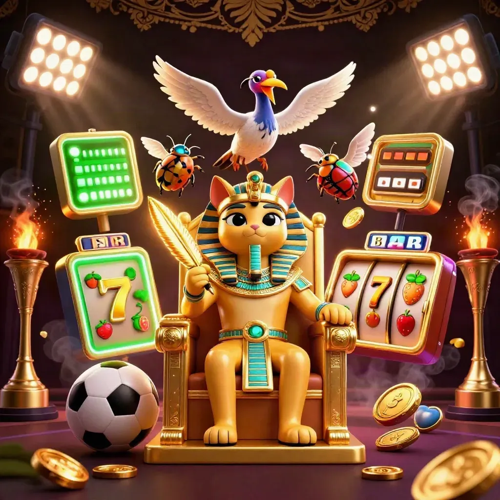 Pharaoh cat, ibis scribe and gem-wing scarabs amid casino balls, coins and neon reels.