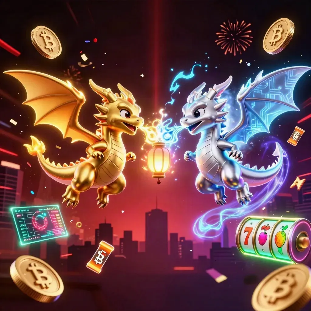 Gold and silver dragons form a yin-yang amid neon casino effects and coins
