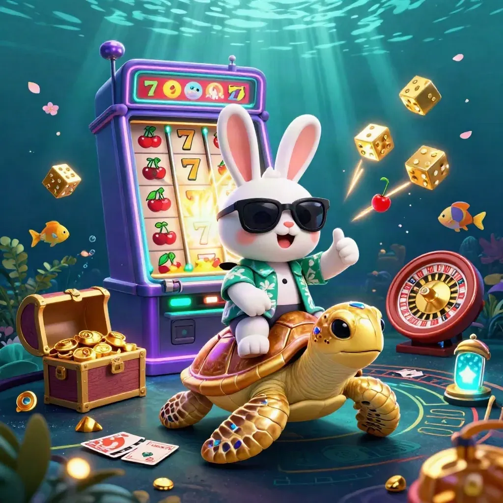 Lucky rabbit rides a golden sea turtle amid slot sparks, gold, and neon underwater casino glow.