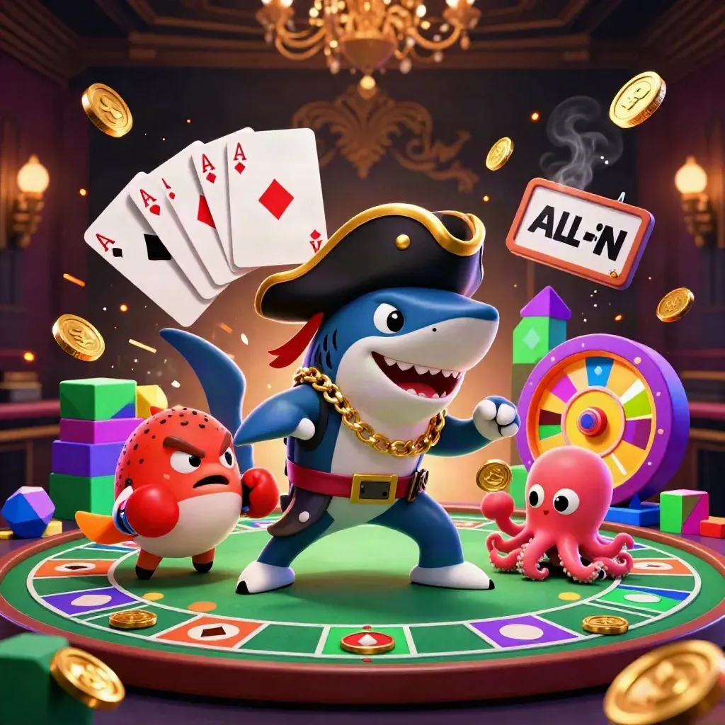 Pirate shark, boxing pufferfish, and coin-juggling octopus amid chips, cards, and neon casino glow.