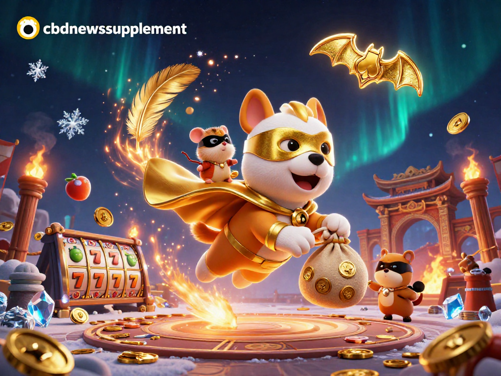 Experience excitement with cbdnewssupplement as our hero dog flies past jackpot slot reels and poker chips.