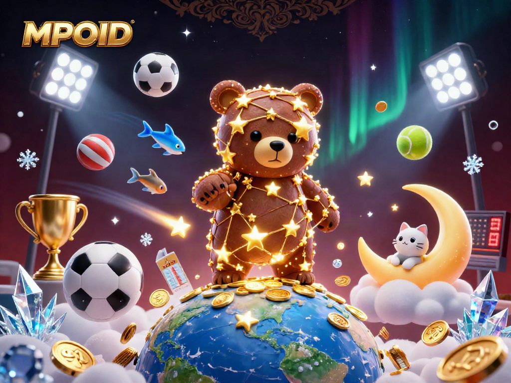 MPOID players engaging with vibrant 3D cartoon gaming scene featuring floating sports elements and winning coins.