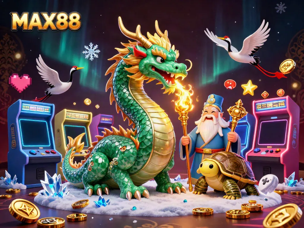 Experience the thrill of MAX88 with a jade dragon, wise turtle, and lucky cranes in a vibrant gaming scene.