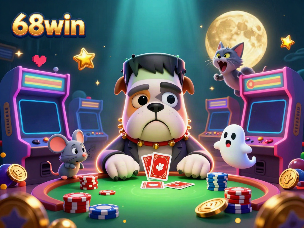 Engage in thrilling gameplay with 68win's spooky casino scene featuring a Frankenstein bulldog dealer, ghost mouse, and werewolf kitten.