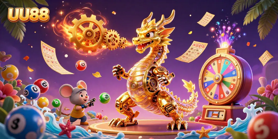 Join the excitement of UU88 with vibrant lottery elements and a dynamic dragon scene.