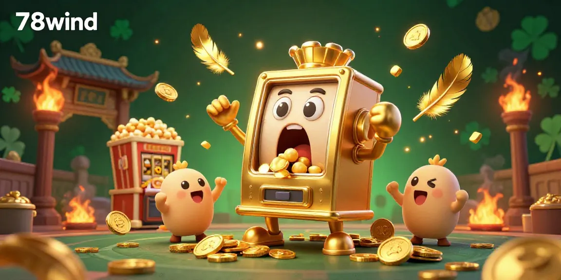 78wind showcases a 3D golden slot machine celebrating its jackpot with coins spilling out, surrounded by excitement.