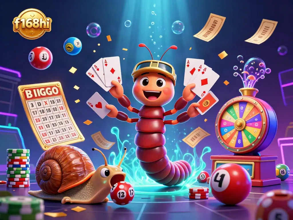 Engage with f168hi's vibrant gaming experience featuring a 3D cartoon millipede dealer and colorful lottery elements.