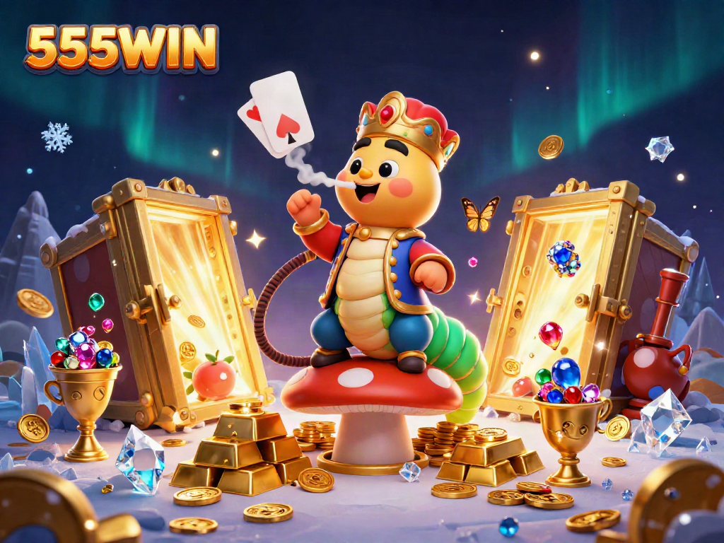 Experience winning moments with the 555WIN caterpillar hookah-master amidst sparkling gems and casino elements.
