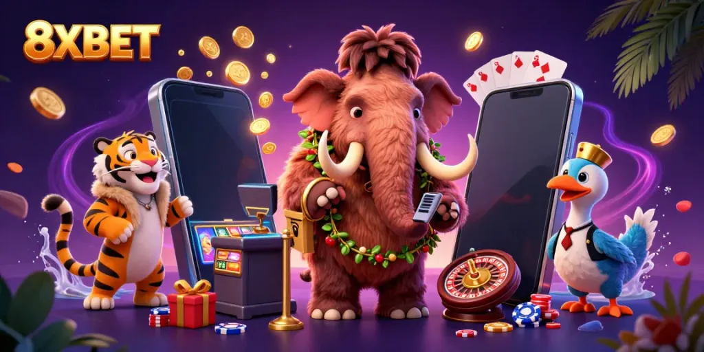 Enjoy thrilling action at 8XBET as a woolly mammoth bouncer checks IDs in a vibrant casino scene.
