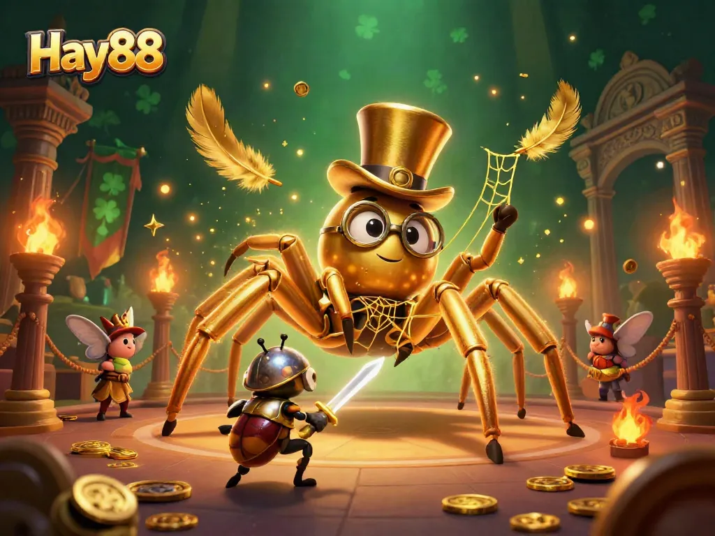 Join Hay88’s gaming adventure with a golden tarantula and brave knight in an exciting casino atmosphere.