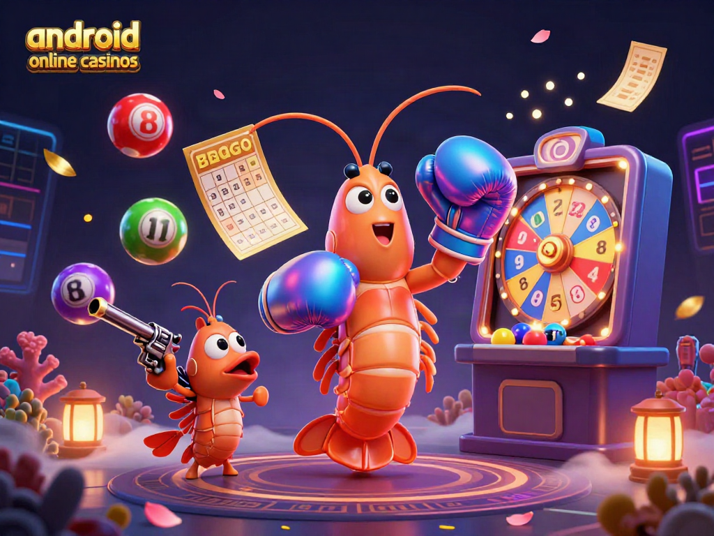 Experience exciting gaming action at android online casinos with animated lottery elements and dynamic characters.