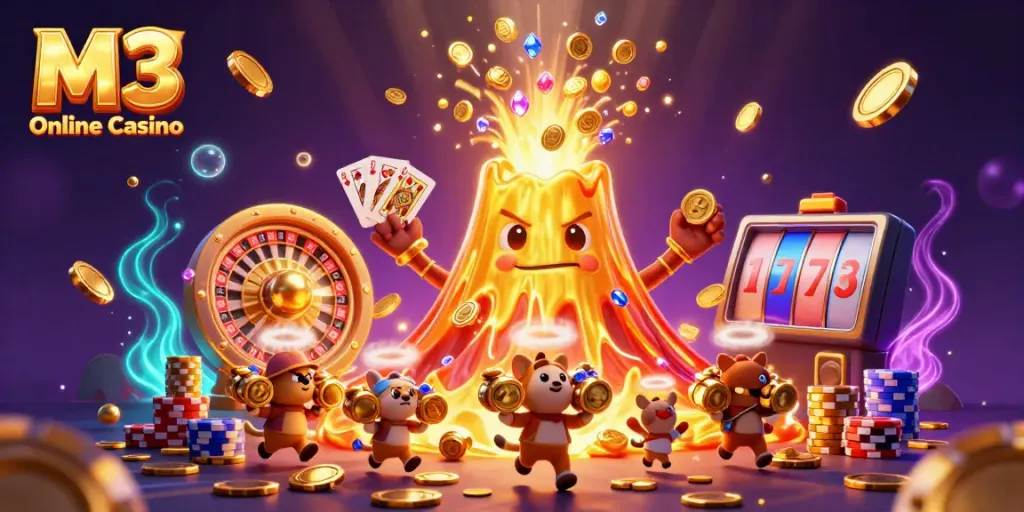 Experience thrilling gameplay at M3 Online Casino with golden volcano, treasures, and casino games.