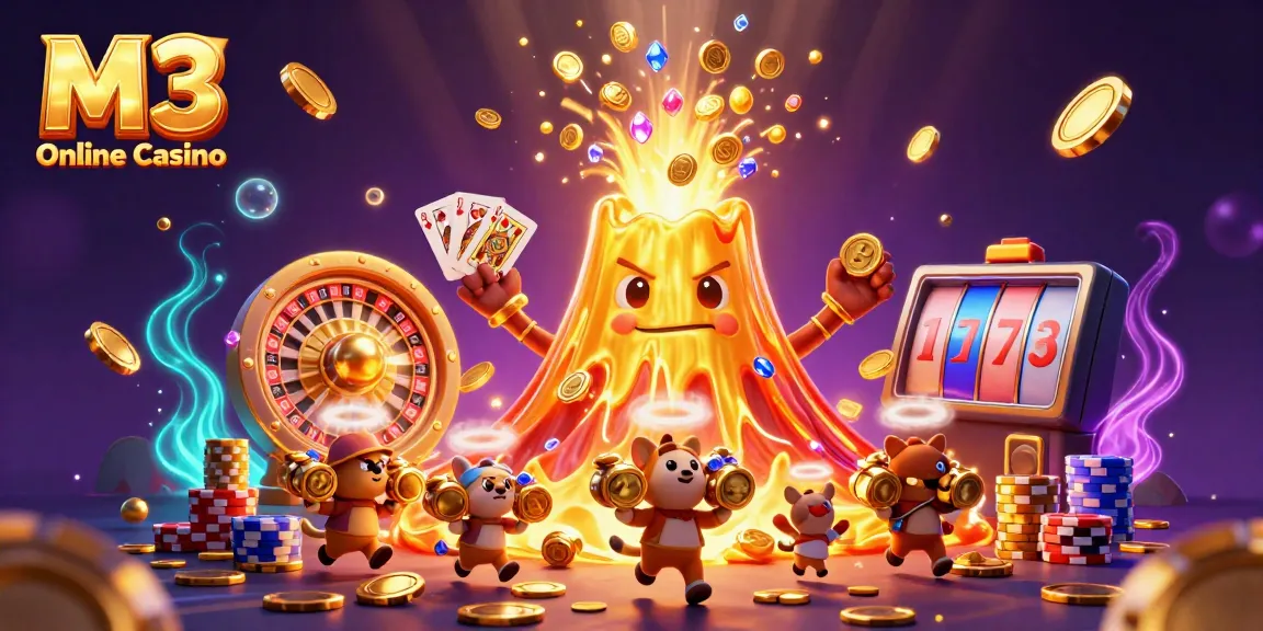 Experience thrilling gameplay at M3 Online Casino with golden volcano, treasures, and casino games.