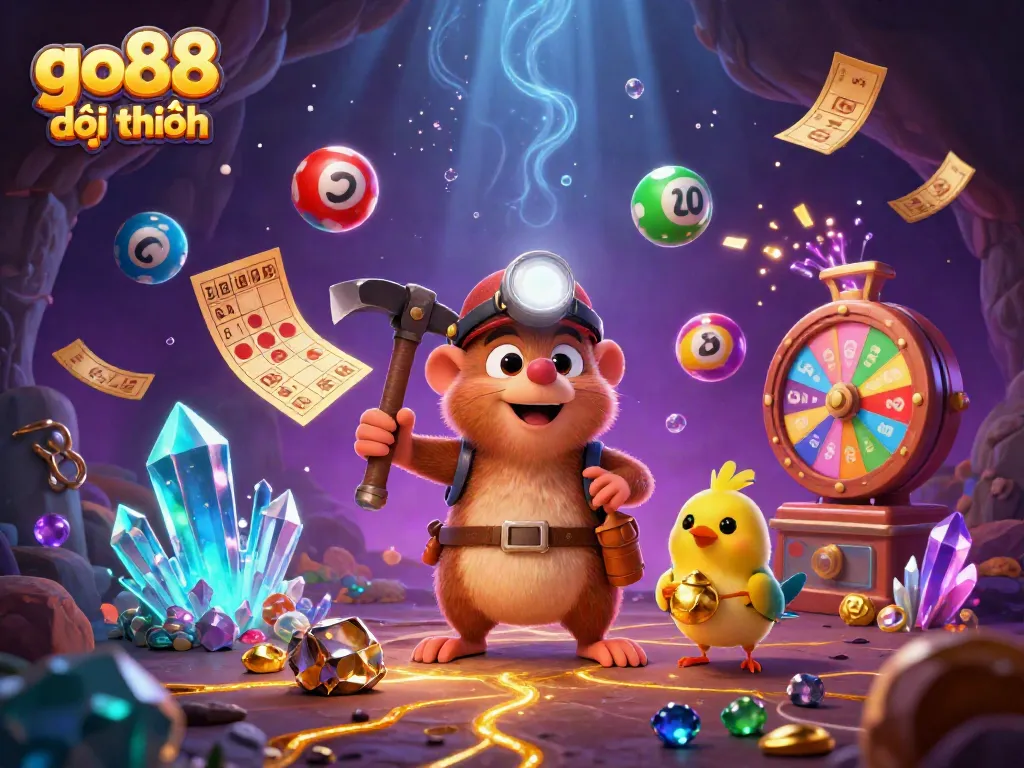 Celebrate gaming wins with go88 đổi thưởng, showcasing colorful lottery elements and an adventurous mole.