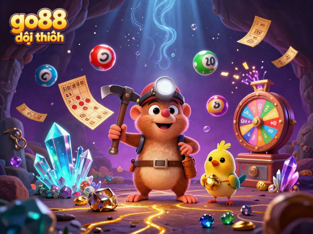 Celebrate gaming wins with go88 đổi thưởng, showcasing colorful lottery elements and an adventurous mole.