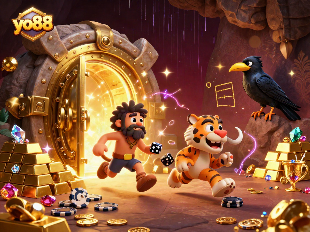 Experience thrilling betting adventures at yo88 featuring a caveman and sabertooth tiger duo in a vibrant prehistoric casino.