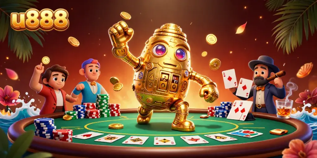 Engage in exhilarating gameplay with u888, featuring a golden golem surrounded by poker chips and exclusive casino elements.