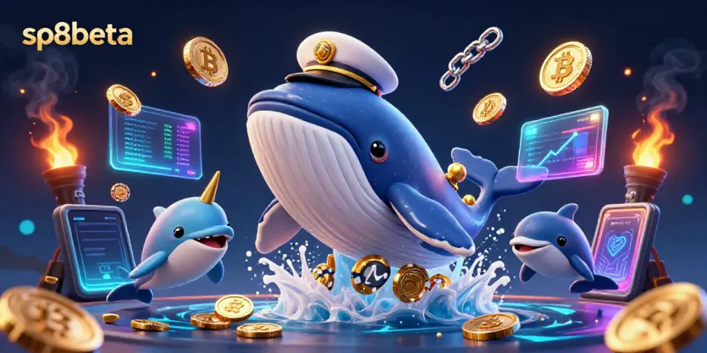 Experience the excitement of sp8beta with playful dolphins and a giant whale in a casino-themed scene.