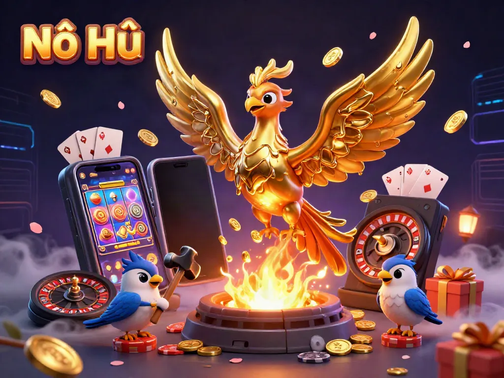 Nổ Hũ gaming scene featuring a golden phoenix and slot games depicted in a vibrant casino illustration.