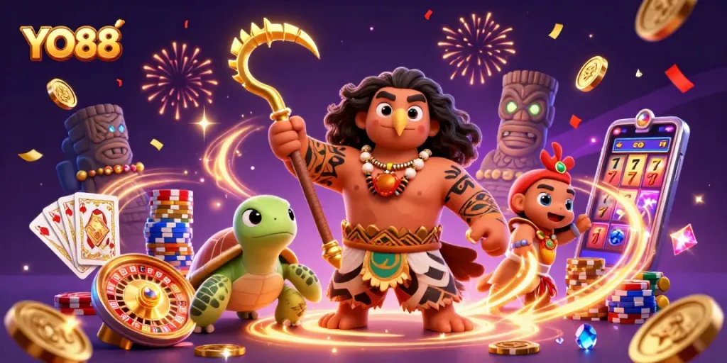 Experience YO88's thrilling gameplay with a dynamic 3D illustration featuring casino elements.