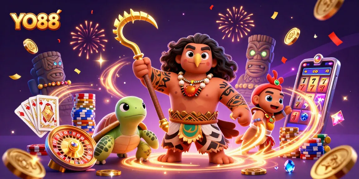 Experience YO88's thrilling gameplay with a dynamic 3D illustration featuring casino elements.