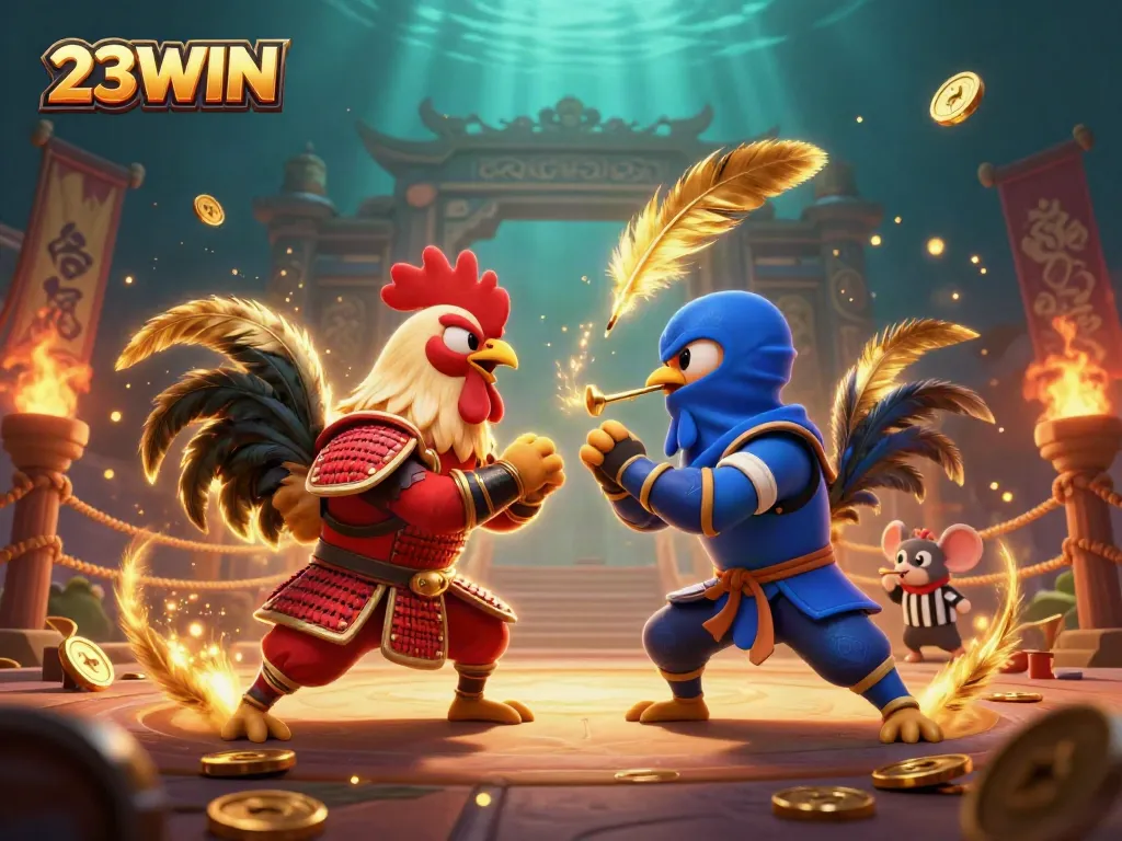 Experience the dynamic battle of roosters in the engaging world of 23WIN, surrounded by vibrant gambling elements.