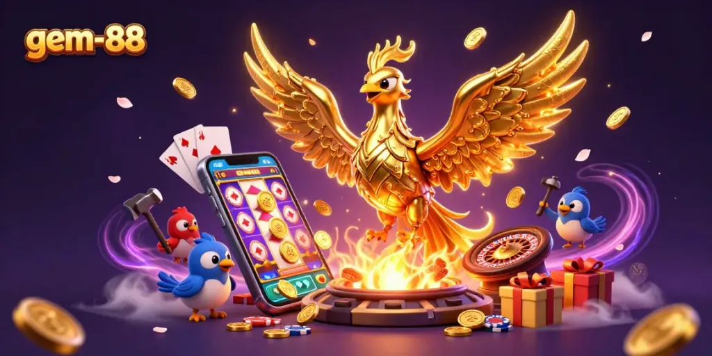 Experience thrilling wins with gem-88 as gold phoenix coins shower during an exciting slot game.