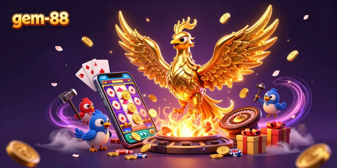 Experience thrilling wins with gem-88 as gold phoenix coins shower during an exciting slot game.