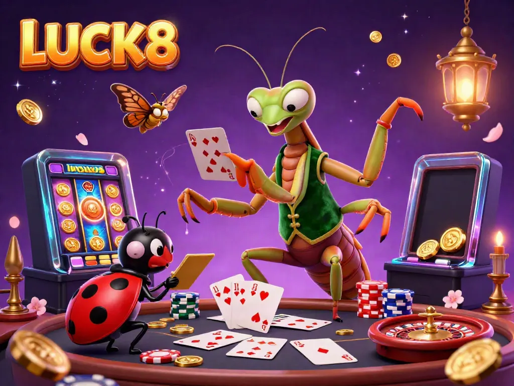 Experience the vibrant energy of LUCK8 with a giant mantis card sharp, ladybug pit boss, and dynamic casino elements.