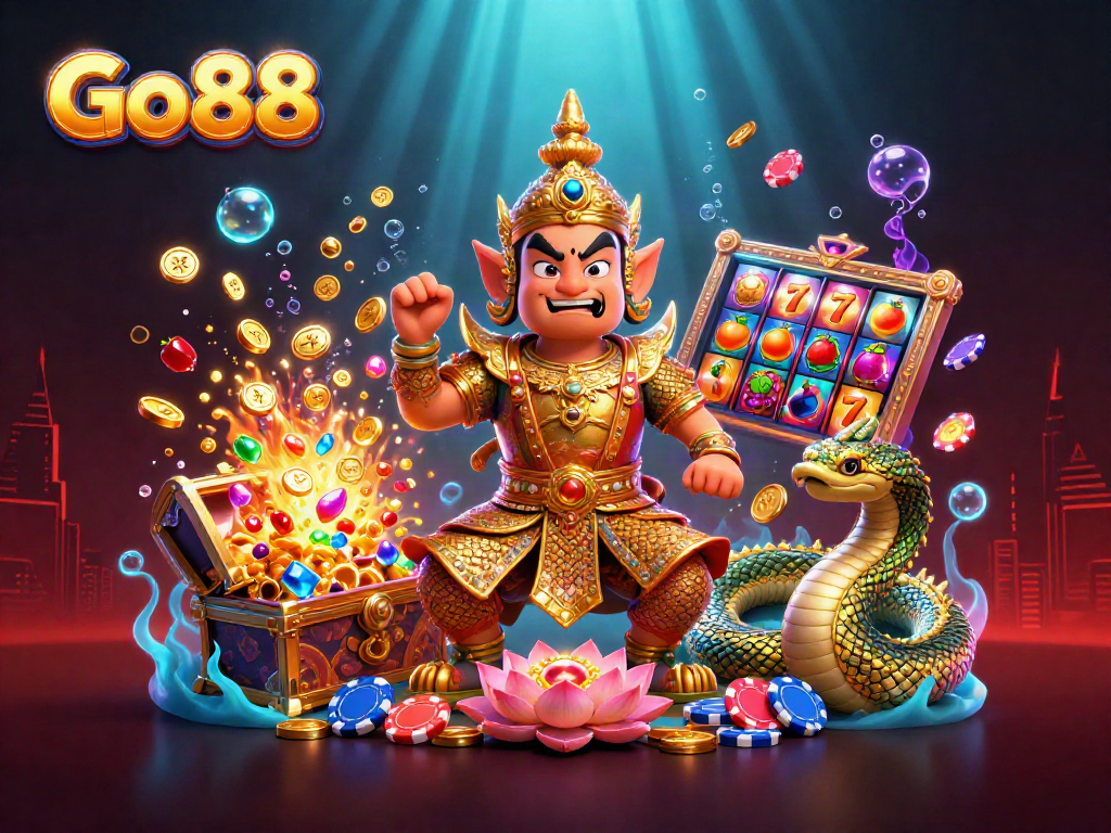 Play slots with Go 88 in a vibrant underwater scene filled with treasures and casino excitement.