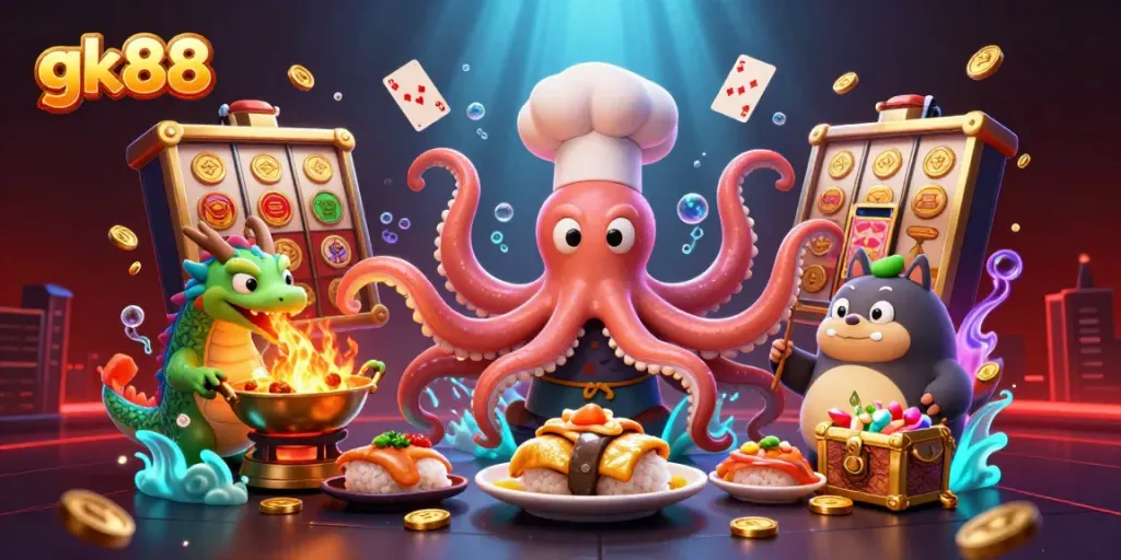 Engage in electrifying gameplay at gk88 with our colorful casino-themed 3D illustration featuring a sushi chef octopus and friends.