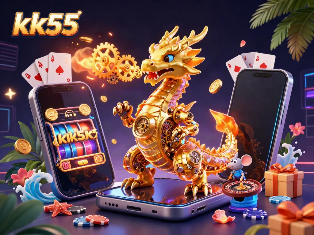 Engage with KK55’s vibrant online gaming world featuring dragon, gears, and slot games