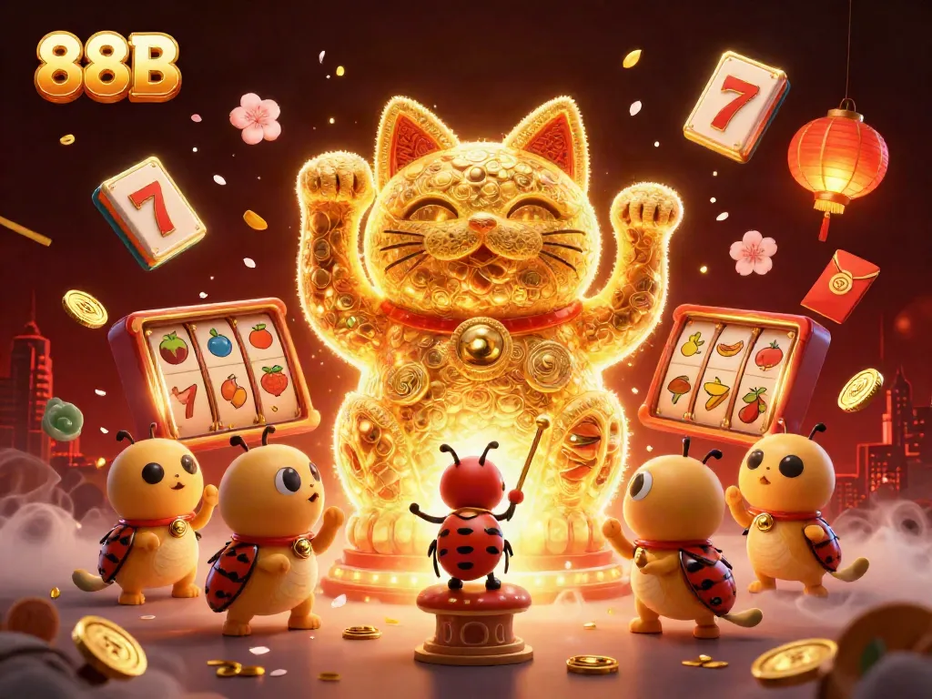Engaging 88B illustration of a lucky cat and golden fireflies surrounded by slot game symbols and festive elements.