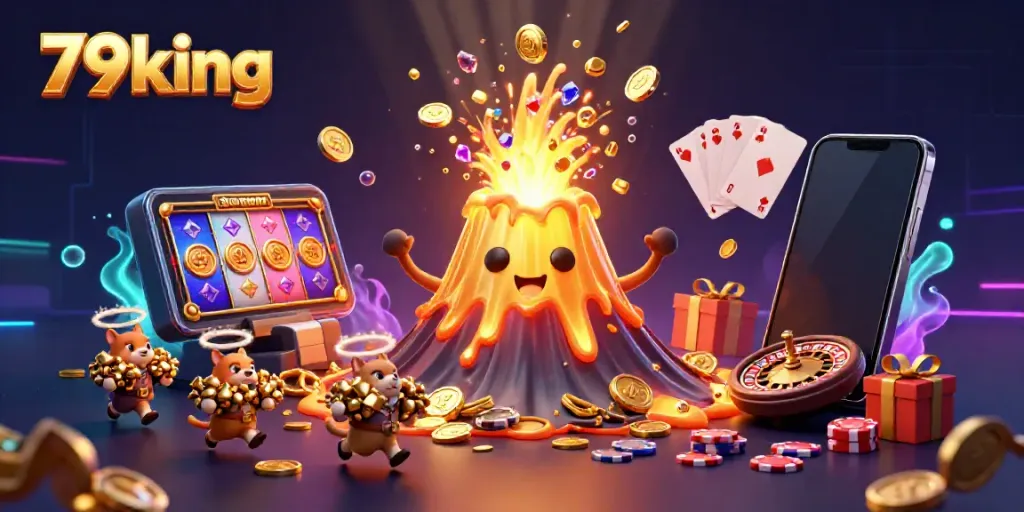 Engage with 79king as the golden volcano erupts coins in a thrilling gaming scene.